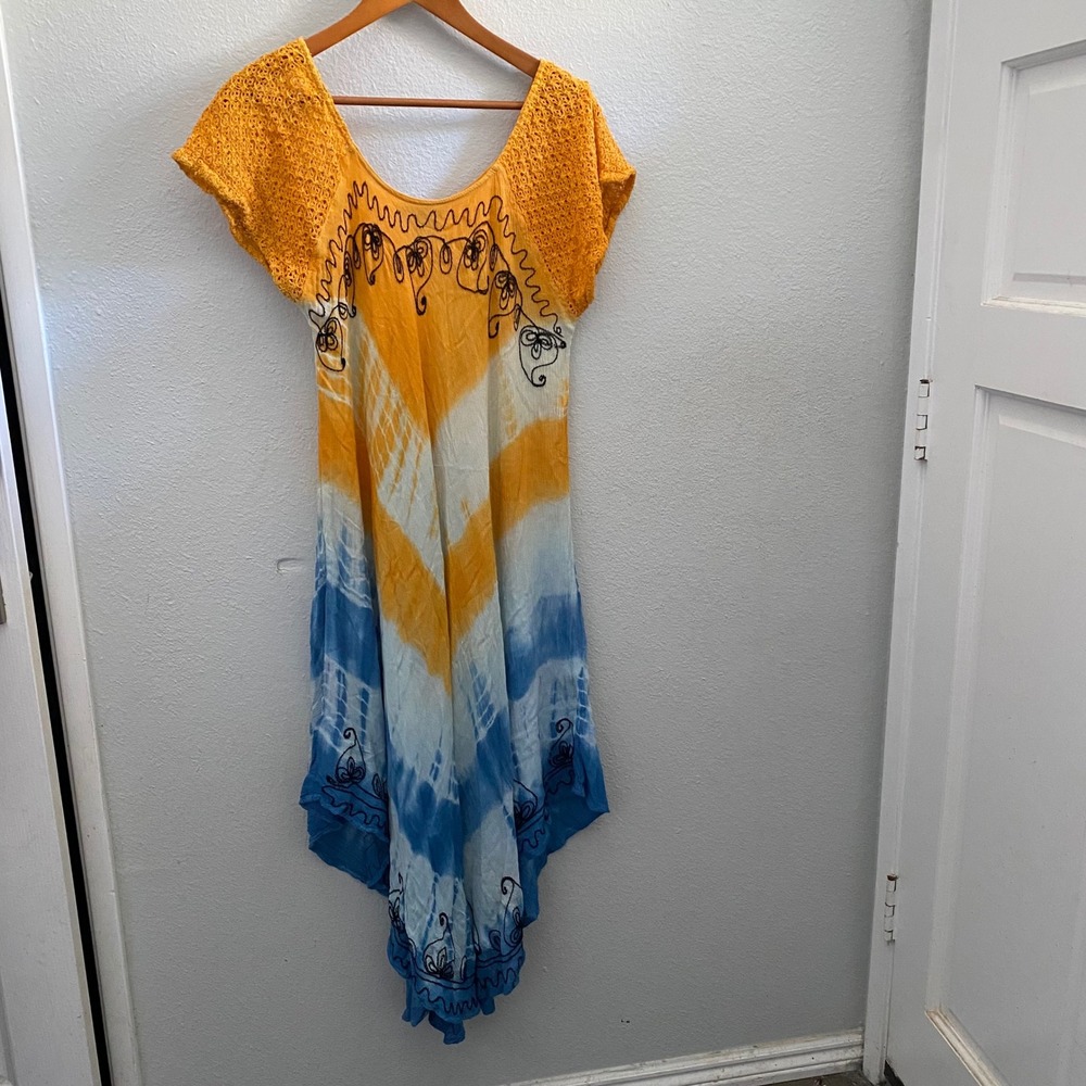 Riviera Sun Tie Dye Sharkbite Midi Dress Yellow Blue Crochet Sleeve Plus Size
